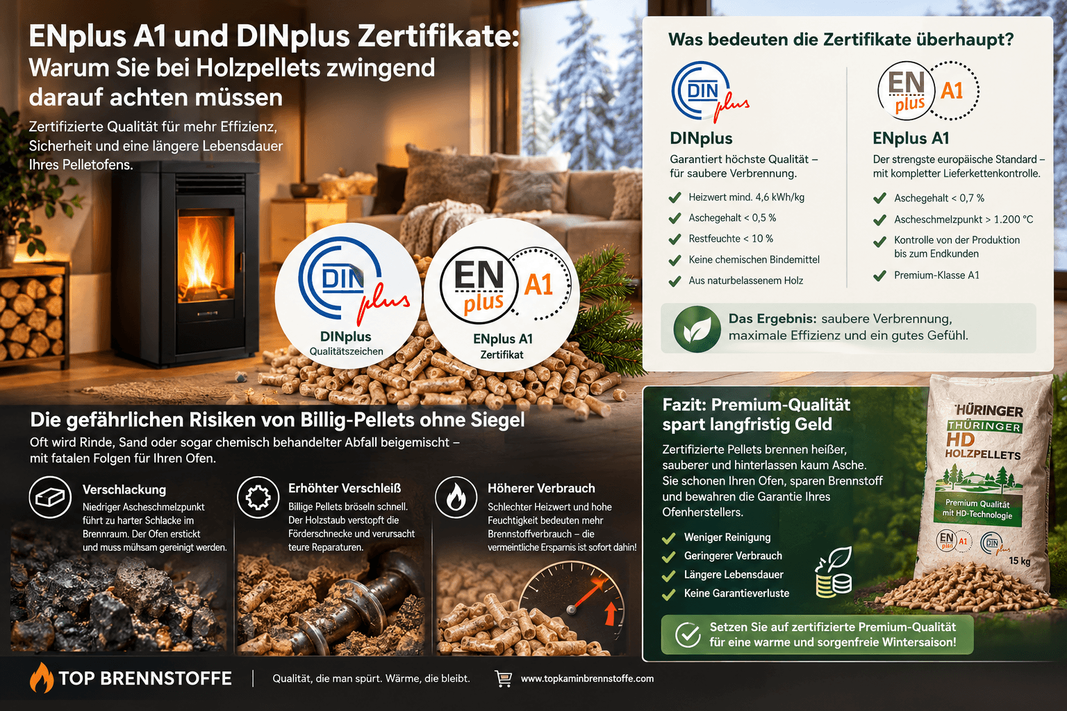 ENplus A1 und DINplus Zertifikate: Warum Sie bei Holzpellets zwingend darauf achten müssen